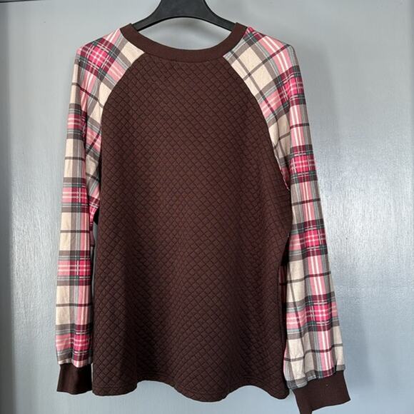 Brown Quilted Women's Pullover Plaid Long Sleeves sz XL - Picture 2 of 5